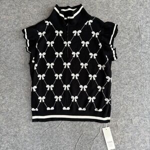 Coquette Sweater Womens XL‎ Black White Bow Knit Mock Neck Short Sleeve